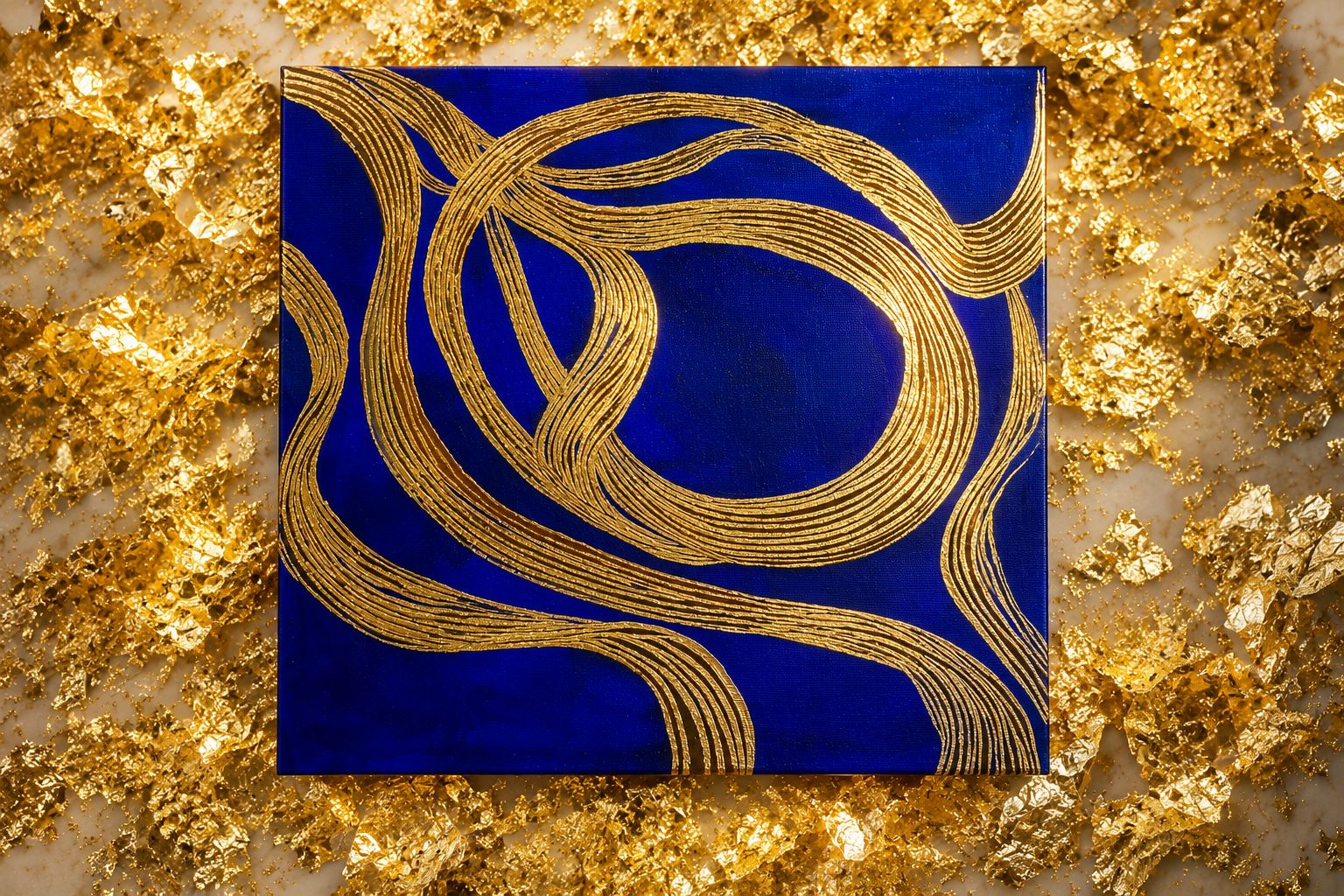 Azul profundo I — pintura abstrata em azul com fluxos dourados