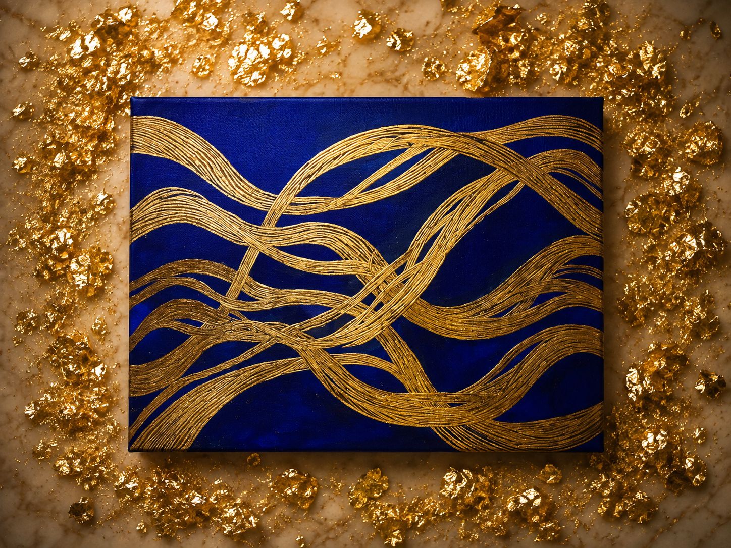 Azul profundo II — pintura abstrata em azul com fluxos dourados