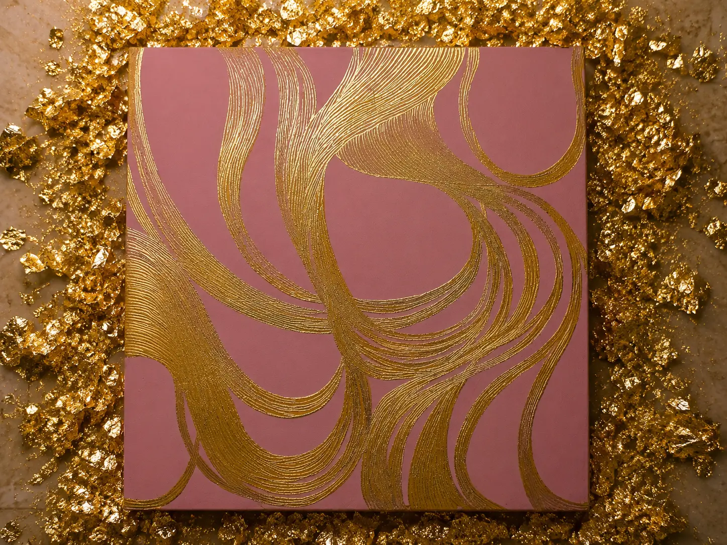 Rosa corajoso II — pintura abstrata em rosa com fluxos dourados