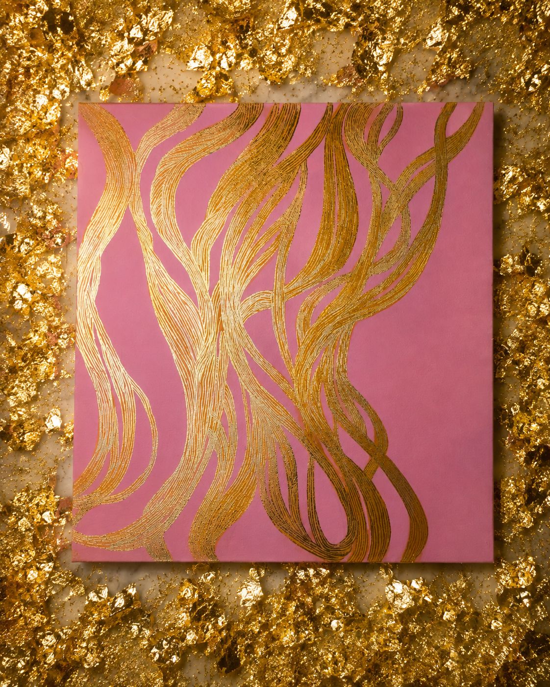 Rosa corajoso III — pintura abstrata em rosa com fluxos dourados